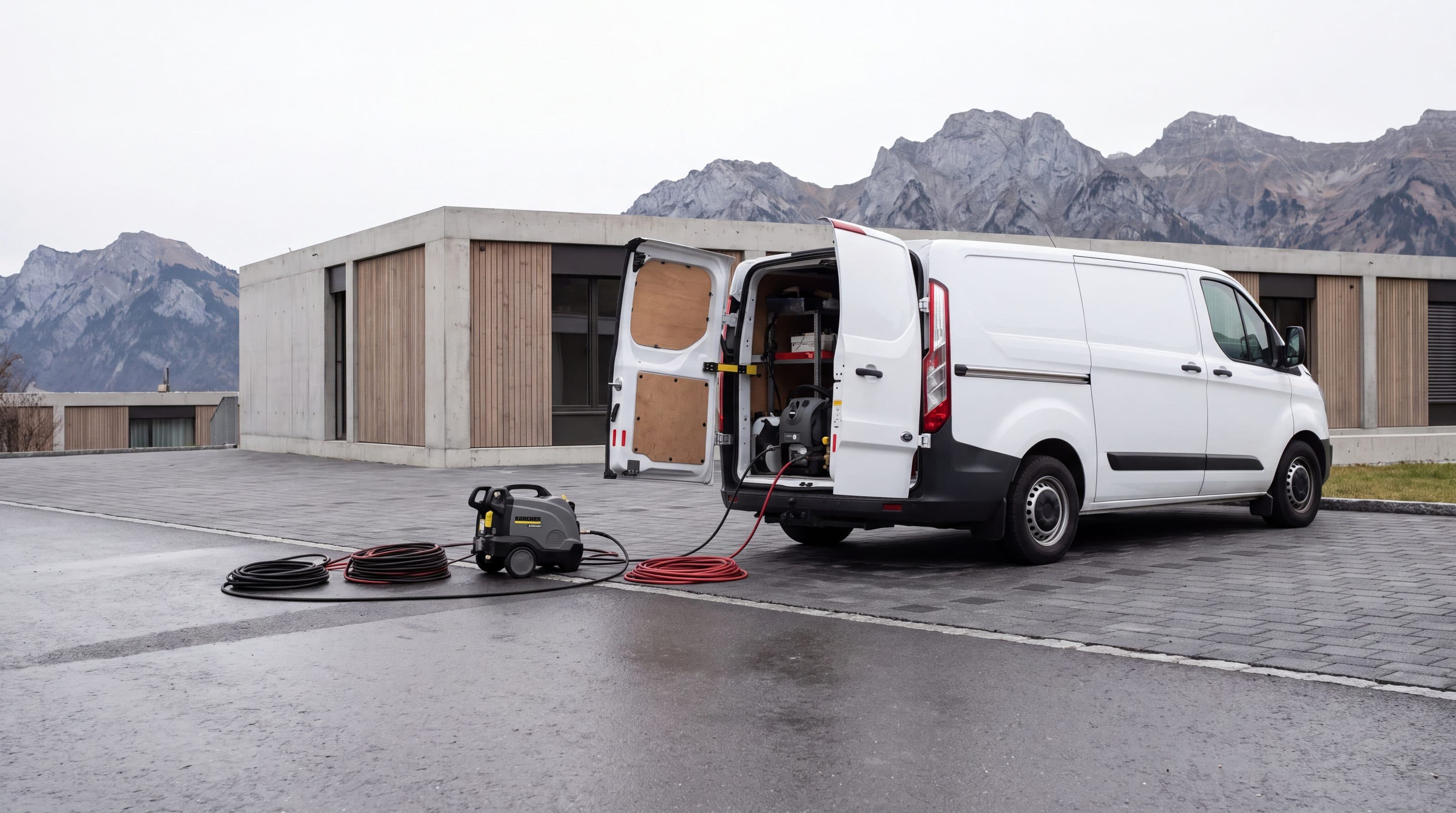 Véhicule de service devant un bâtiment fraîchement livré en Valais