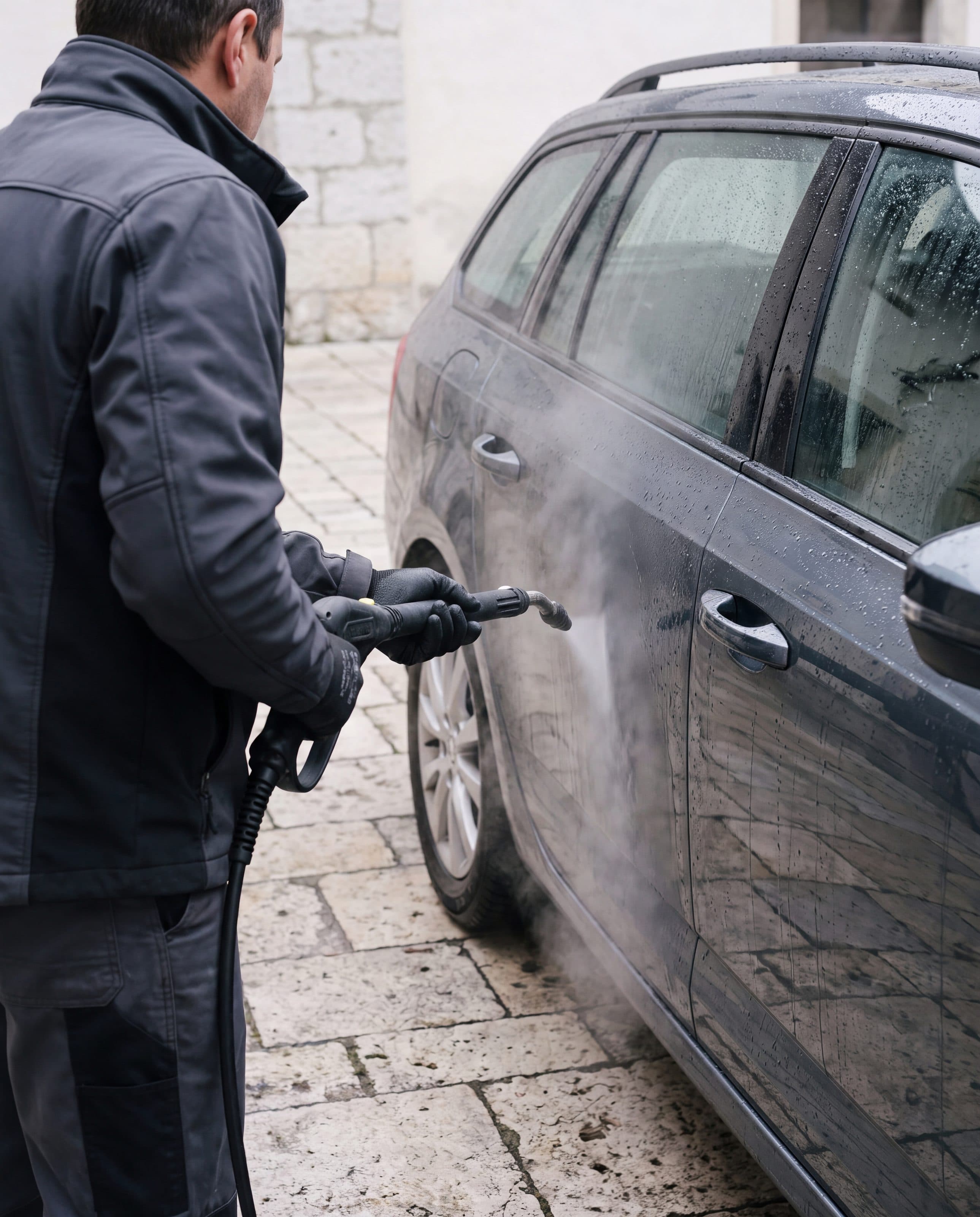 Lance vapeur passée le long de la carrosserie d'une voiture